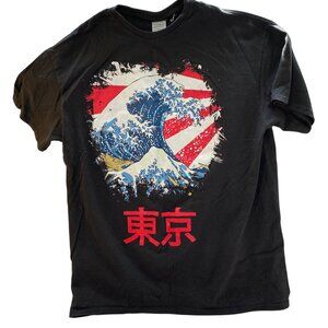Vintage Y2K Mens Small black shirt Japanese wave and flag graphic print